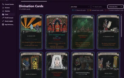 Soothsayer list of available divination cards with rarity-based hover treatment.