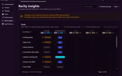 Compare and edit divination card rarities across loot filters